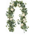 thumbnail image 1 of 4 Pack Artificial Eucalyptus Flower Garland with White Roses, 6FT Fake Rose Flower Greenery Garland Floral Vines for Wedding Home Party Table Runner Decor, 1 of 7