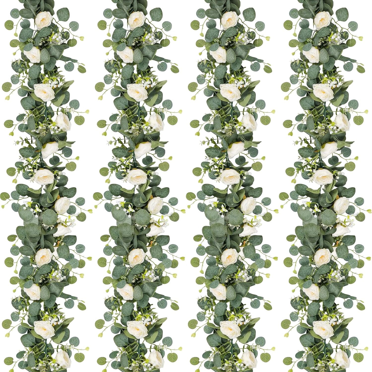 4-Pack Artificial Eucalyptus Garland With White Roses – 5.9ft Fake Flower Vines For Wedding & Home Decor