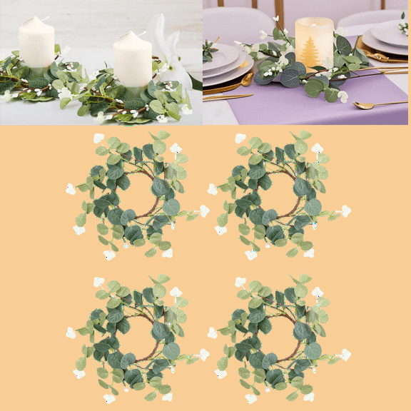 4-Pack Artificial Eucalyptus Mini Wreath Candle Rings, Rustic Farmhouse Boho Greenery Decor for Party Wedding Table, Green Decorative Candleholders