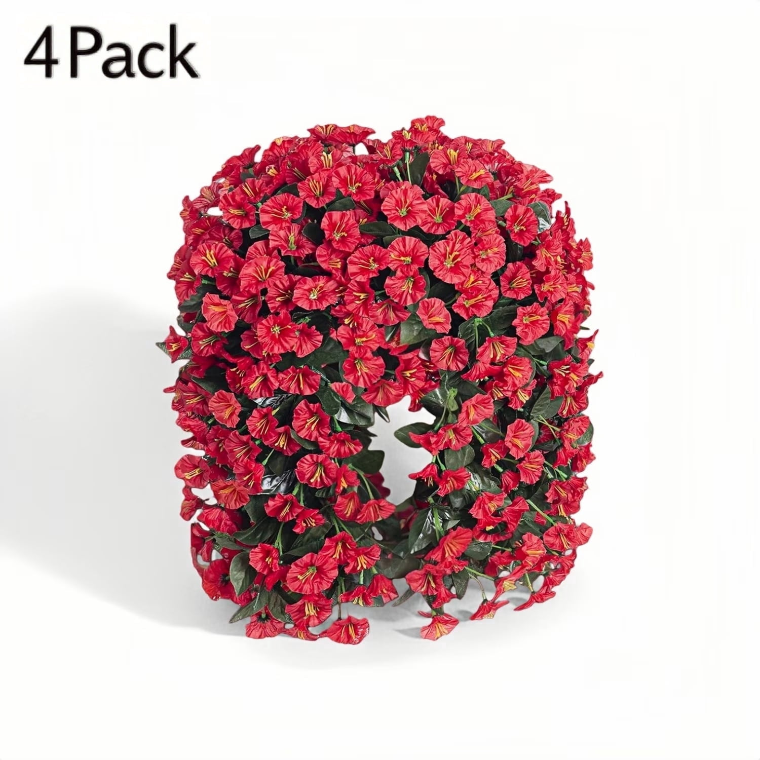 4 Pack Artificial Flowers Hanging Basket - UV Resistant Fake Flowers for Outdoor, Porch, Garden, Balcony Decor, Spring Summer Home Greenery (Red)