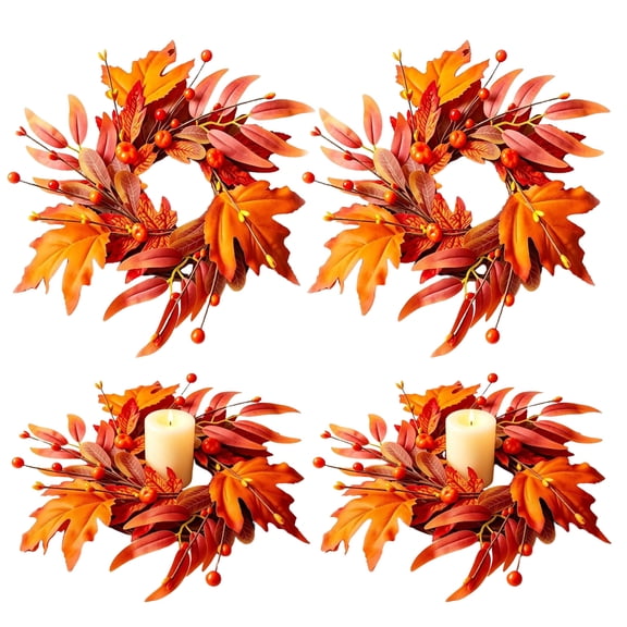 4 Pack Artificial Maple Leaf Candle Ring 10.24in Mini Cabinet Wreath Fall Thanksgiving Centerpiece for Indoor Home Festival Decor