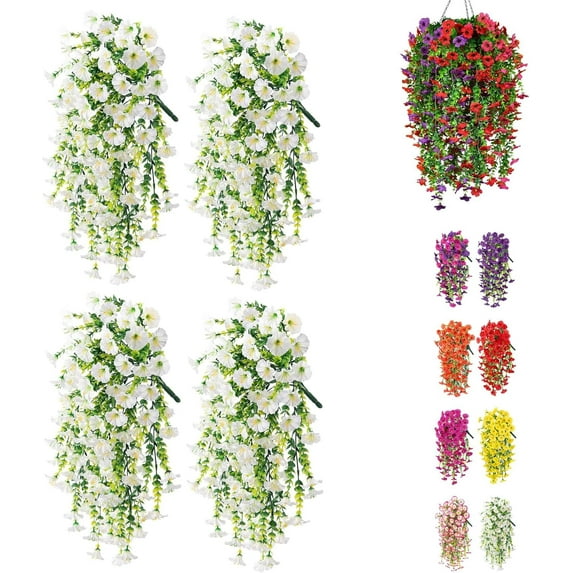 4 Pack Artificial Morning Glory Flowers, UV-Resistant Precisetrue Hanging Flowers 29.5", Silk Fake Plants Hanging Basket for Spring Outdoor Wedding Yard Garden Decor,white