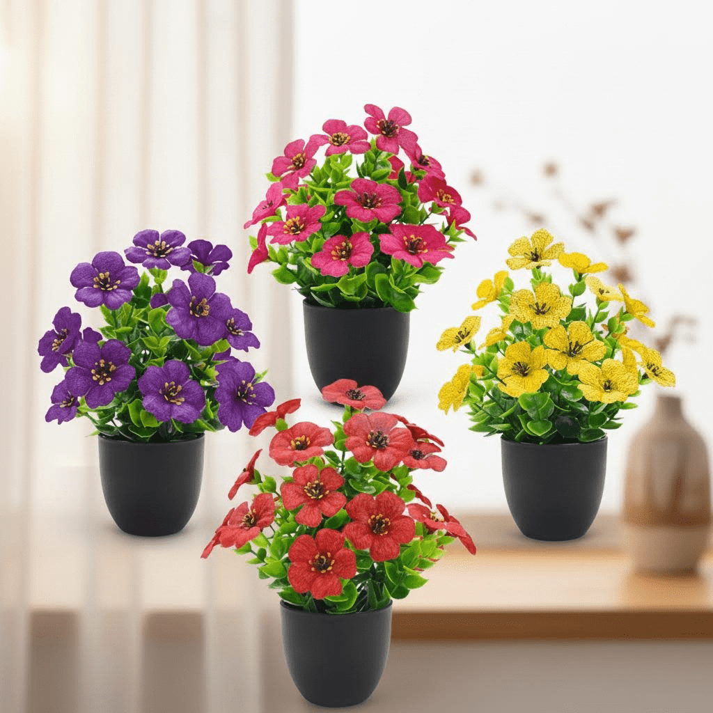 4 Pack Artificial Small Fake Plants Spring Flowers, Faux Indoor Plants for Home Office Desk Decor, Bathroom Accessories, Room Decorations