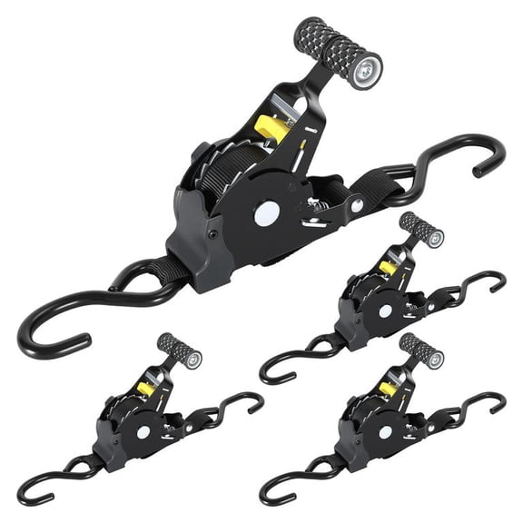 4-Pack Auto Retractable Ratchet Straps 11ft Length 1500 lbs Pulling Force Steel Casing Stainless Steel Coated S-Hooks Safety Lock Ergonomic Thickened Handles for Truck Trailer Cargo Tie Down