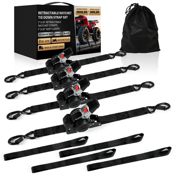 4 Pack Heavy Duty Ratchet Tie Down Straps with Hook Cargo Straps , 1800 lb Break Strength, 1 in×10 FT