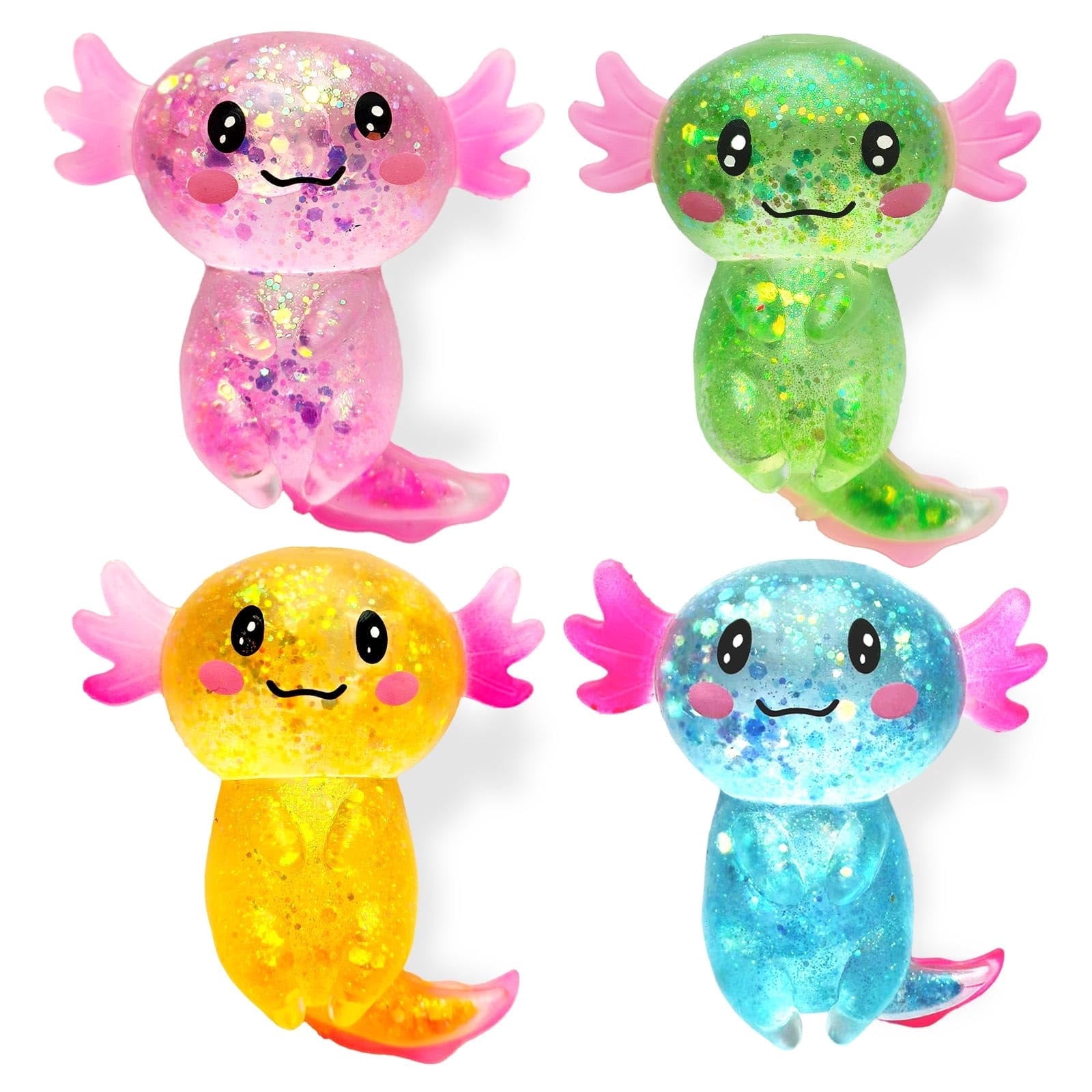 4 Pack Axolotl Squishy Stress Balls, Glitter Sensory Squeeze Fidget Toys for Adults, Cute Axolotl Gifts for Parties, Birthdays and Christmas