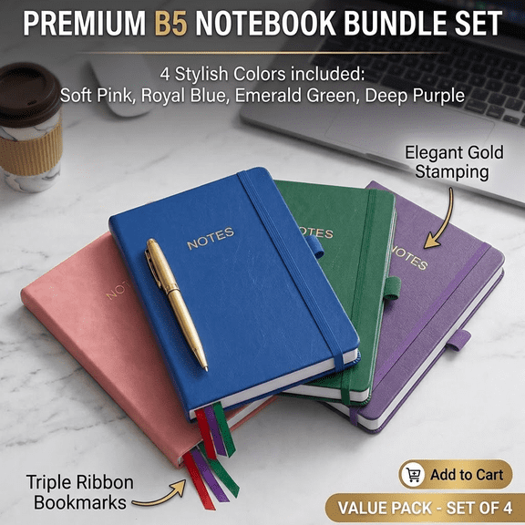 4-Pack B5 Thick Hardcover Journals, 320 Pages 100GSM Lined Notebooks, 7mm College Ruled Diaries with Pen Loop & Inner Pocket for School & Office, 6 Colors
