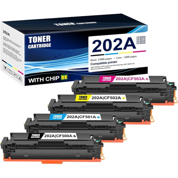 4-Pack BK/C/M/Y 202A CF500A CF501A CF502A CF503A Toner Cartridge: Compatible 202A CF500A CF501A CF502A CF503A Replacement for HP M280nw M281fdn M281fdw M281cdw M254nw M254dw M254dn Printer