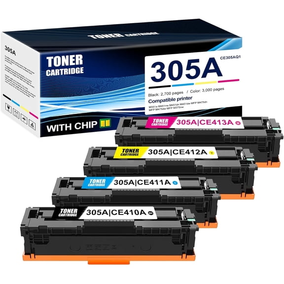4-Pack BK/C/M/Y 305A CE305AQ1 Toner Cartridge: Compatible 305A CE410A CE411A CE412A CE413A Replacement for HP M351a M451nw M451dn M451dw MFP M475dn MFP M475dw MFP M375nw Printer