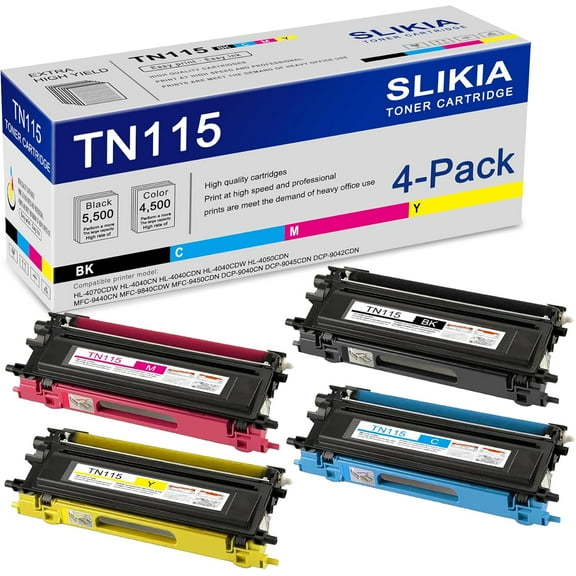 4-Pack BK/C/M/Y TN115 Toner Cartridge: Compatible TN115 TN-115 Replacement for Brother HL-4070CDW 4040CN 4040CDN 4040CDW 4050CDN MFC-9440CN 9840CDW 9450CDN DCP-9040CN 9045CDN 9042CDN Printer