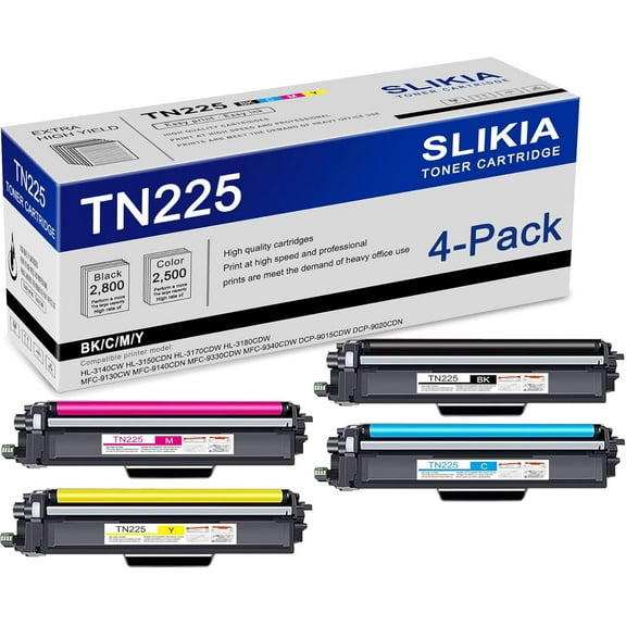 4-Pack BK/C/M/Y TN225 Toner Cartridge: Compatible TN225 TN-225 Replacement for Brother HL-3140CW 3150CDN 3170CDW 3180CDW MFC-9130CW 9140CDN 9330CDW 9340CDW DCP-9015CDW 9020CDN Printer