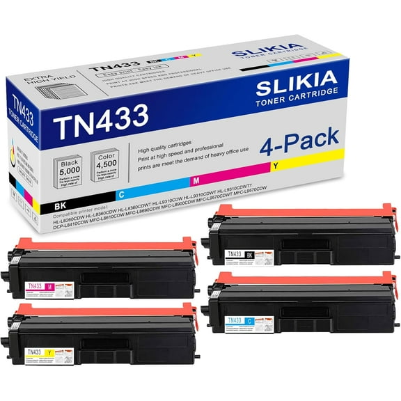 4-Pack BK/C/M/Y TN433 Toner Cartridge: Compatible TN433 TN-433 Replacement for Brother HL-L8260CDW L8360CDW L8360CDWT L9310CDWTT DCP-L8410CDW MFC-L8610CDW L8690CDW L8900CDW L9570CDWT Printer