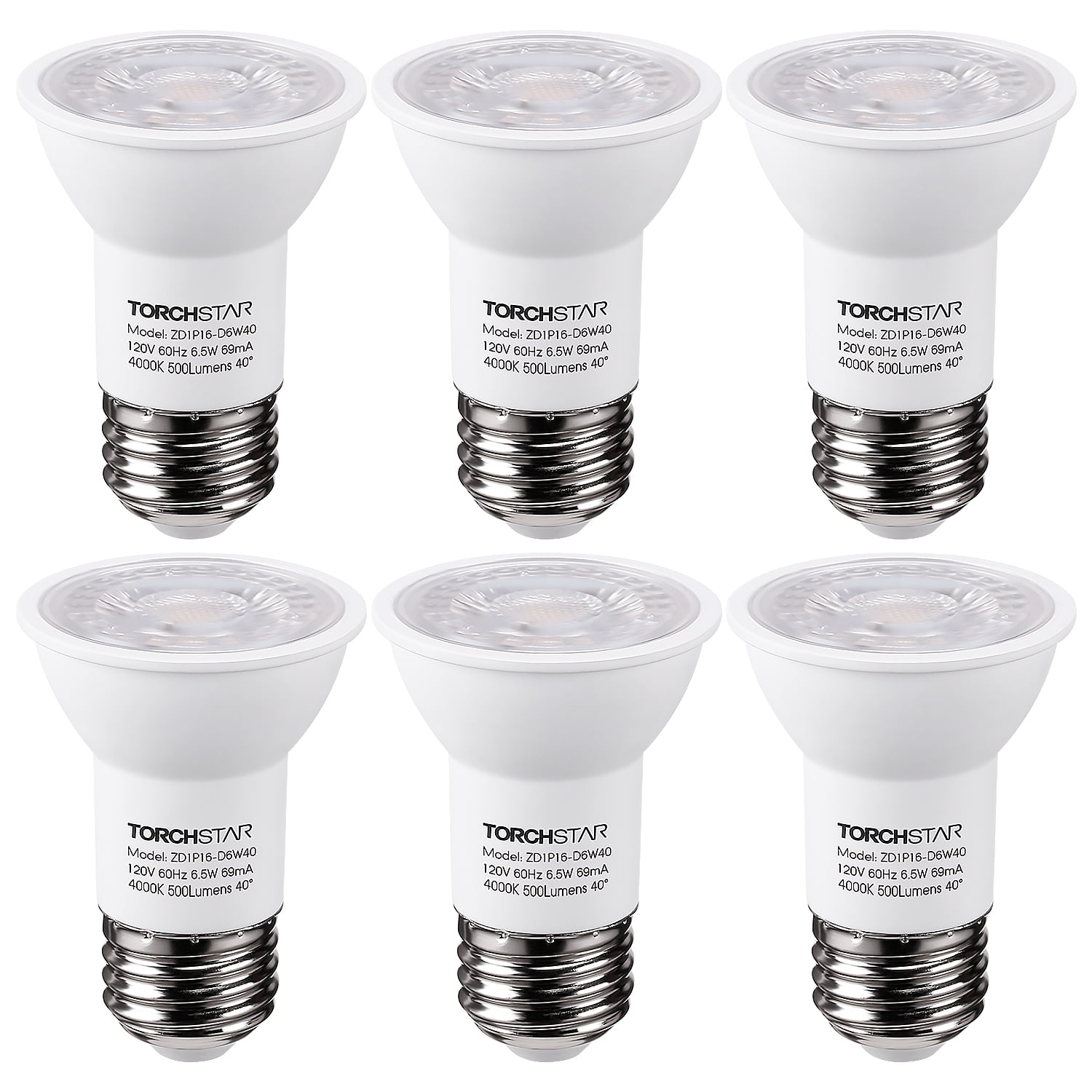 6 Pack LED PAR16 Spot Light Bulbs, 6.5W(50W Eqv.) 500lm E26 Medium Base Dimmable Spotlight, 4000K Cool White