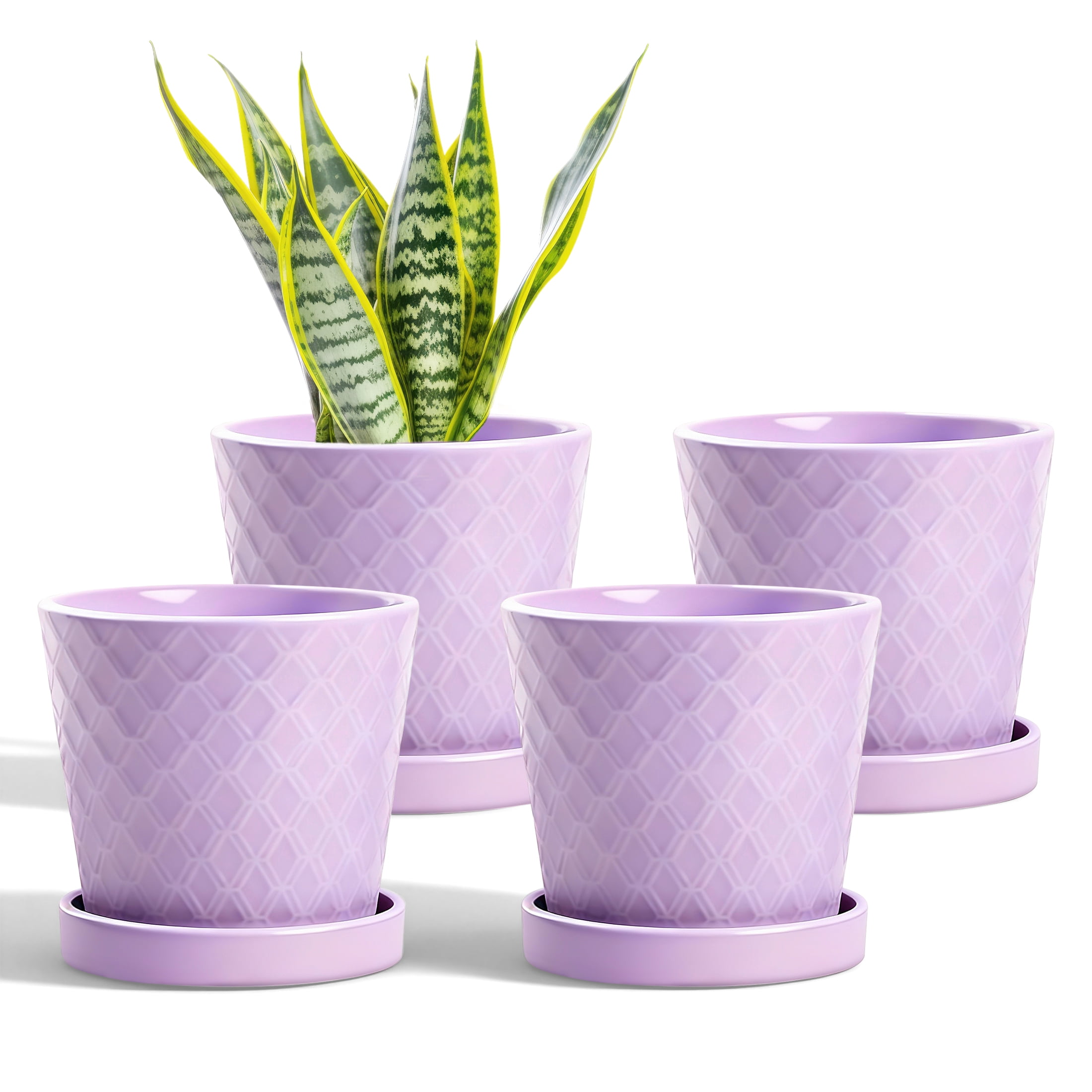 (4 Pack)BUYMAX Purple Ceramic Plant Pots with Trays, 5 inch - Ready-to