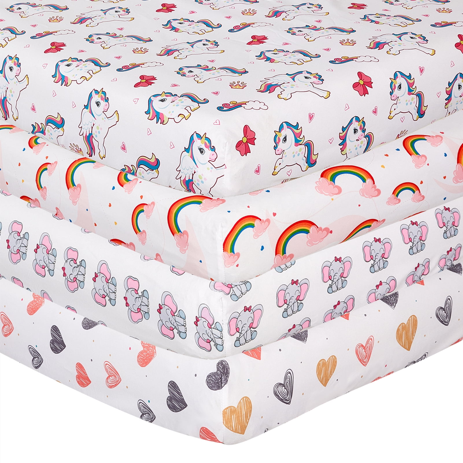 4 Pack Baby Girl Crib Sheets Unicorn Rainbow Pink Elephant Fitted Crib