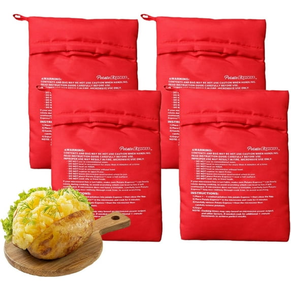 4-Pack Baked Potato Microwave Bag - Reusable Pouch and Potato Cooker for Potatoes in 4 Minutes - Quick & Easy Kitchen Gadget