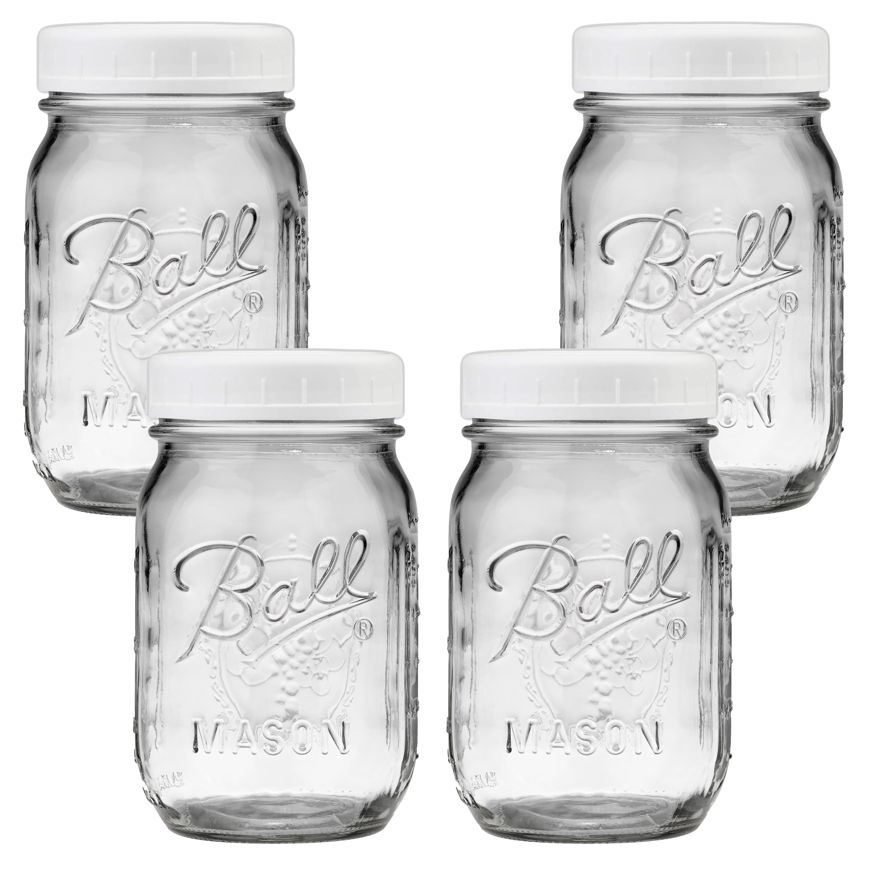 4-Pack Ball Regular Mouth Pint Mason Jars 16 oz with Screw-On White Plastic Lids