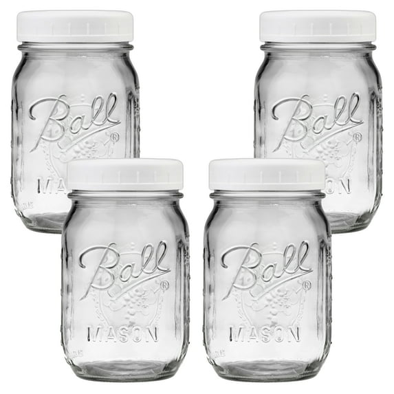 4-Pack Ball Regular Mouth Pint Mason Jars 16 oz with Screw-On White Plastic Lids