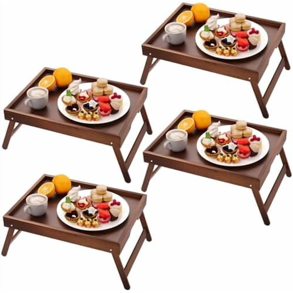4 Pack Bamboo Bed Tray Table with Folding Legs,Breakfast Trays,Serving Tray for Food and Snack,Laptop Trays for Working(Brown)