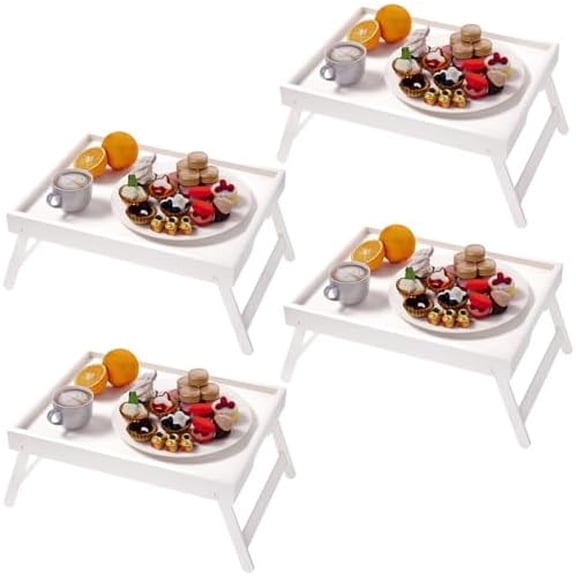 4 Pack Bamboo Bed Tray Table with Folding Legs,Breakfast Trays,Serving Tray for Food and Snack,Laptop Trays for Working(White)
