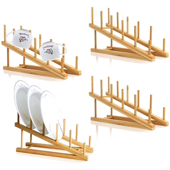 TIE-DailyNec 4 Pcs Bamboo Dish Rack Wooden Drying Rack Kitchen Cabinet Organizer Pot Lid Holder for Dish Plate Cup Bowl Cutting Board Pot Lid