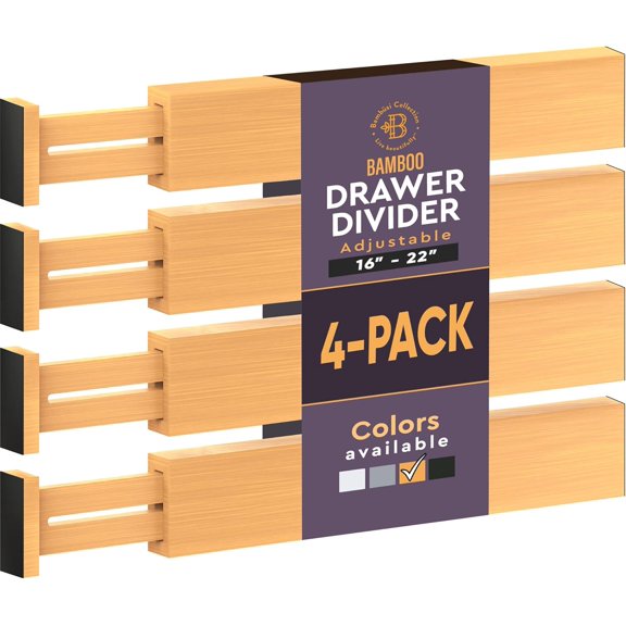 4 Pack Bamboo Drawer Dividers - Adjustable 16 to 22 Inch Expandable Drawer Organizer, Spring Loaded 2.6 Inch High Kitchen Drawer Dividers and Dresser Separator for Clothes, Bedroom, Bathroom, Office