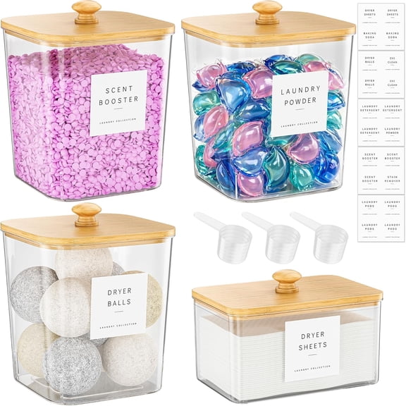 4 Pack Bamboo Laundry Pods Container, Clear Room Organization Containers,Large Detergent Powder Storage Containers Lids & Labels, Acrylic Holder for Scent Booster