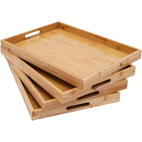 4 Pack Bamboo Serving Tray with Handles Kitchen Large Food Bamboo Tray Couch Tray Tea Decorative Serving Pallet for Dinner, Breakfast, Table Snack, 18.1131.4In