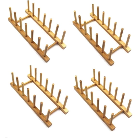 4 Pack Bamboo Wooden Dish Rack, Plate Rack Stand Pot Lid Holder, Kitchen Cabinet Organizer for Cup, Cutting Board, Bowl, Drying Rack and book hook