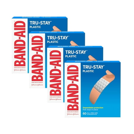 4 Pack Band-Aid Adhesive Bandages Plastic All One Size, 60 sterile Bandages Each
