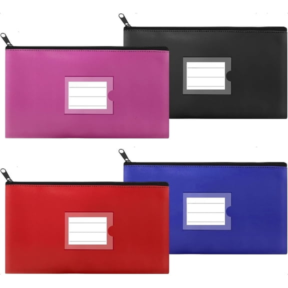 4 Pack Bank Deposit Money Bag, Heavy Duty Leatherette Security Zipper Wallet with Clear Window, Coin Bag, Cash Bag, Tool Pouch, Assorted Colors