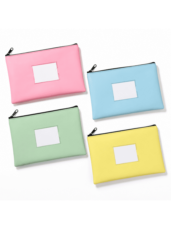 4-Pack Bank Deposit Money Bags with Zipper, PU Leather Cash Wallet Pouches with Label for Cash, Coins, and Bills, Coin Pouch for Travel or Office, 11 x 6.5 Inches Light Colors