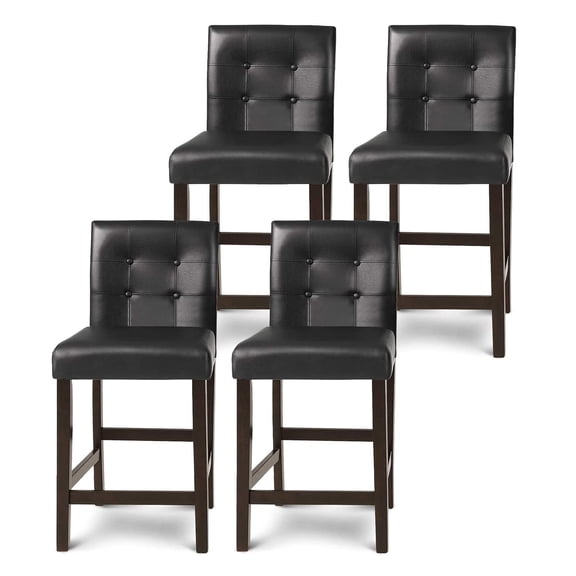 4 Pack Bar Stools with Backrest, 25 Inch Tall Upholstered Stools, Tufted PVC Leather Counter Chairs for Kitchen Dining Pub Cafe, Wooden Legs, Black