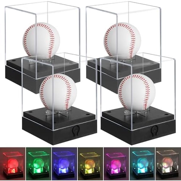 4 Pack Baseball Display Case with LED Light - UV Protected Acrylic Ball Holder for Signed Memorabilia, Softball, Golf Ball, Light Up Display Cube & Stand for Collectibles$$Storage