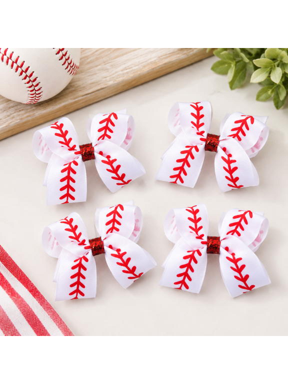 4 Pack Baseball Softball Hair Bow Clips, Red White Ribbon Sport Accessories For Women