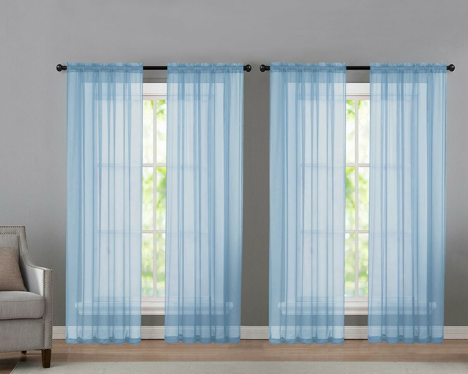 4 Pack Basic Home Rod Pocket Sheer Voile Window Curtains - Baby Blue