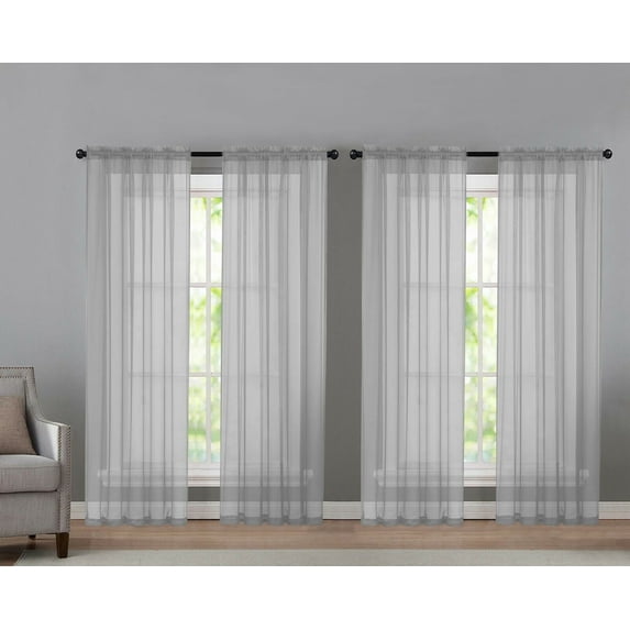 4 Pack Basic Home Rod Pocket Sheer Voile Window Curtains - Silver