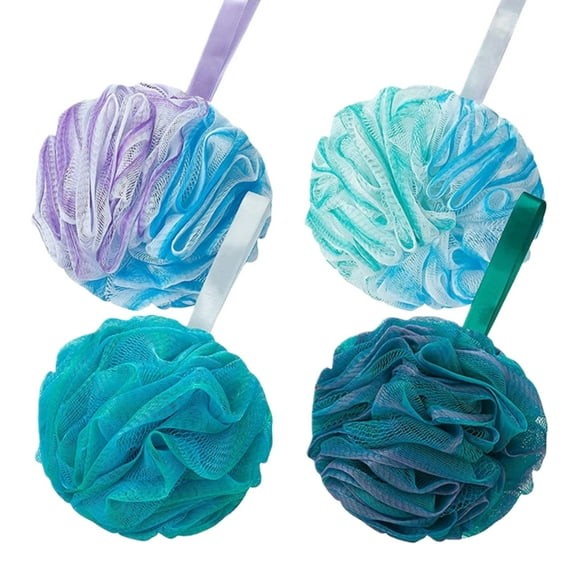 4-Pack Bath Pouf Shower Sponge, Large Body Scrubber Mesh Loofah for Gentle Exfoliation, Quick Dry Hanging, Eco-Friendly Soft Bath Ball Set for Home, Gym, and Travel