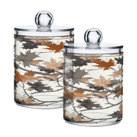 4 Pack Bathroom Canisters Transparent Storage Jar for Cotton Ball, Swab, Floss Brown Leaves Pattern