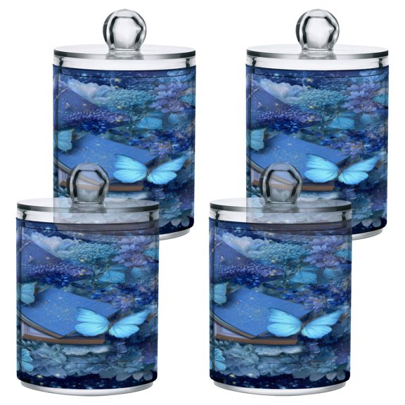 4 Pack Bathroom Canisters Transparent Storage Jar for Cotton Ball, Swab, Floss Butterflies Books and Flowers
