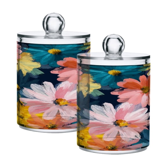 4 Pack Bathroom Canisters Transparent Storage Jar for Cotton Ball, Swab, Floss Oversized Daisies