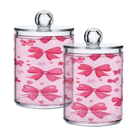 4 Pack Bathroom Canisters Transparent Storage Jar for Cotton Ball, Swab, Floss Pink Cute Bows