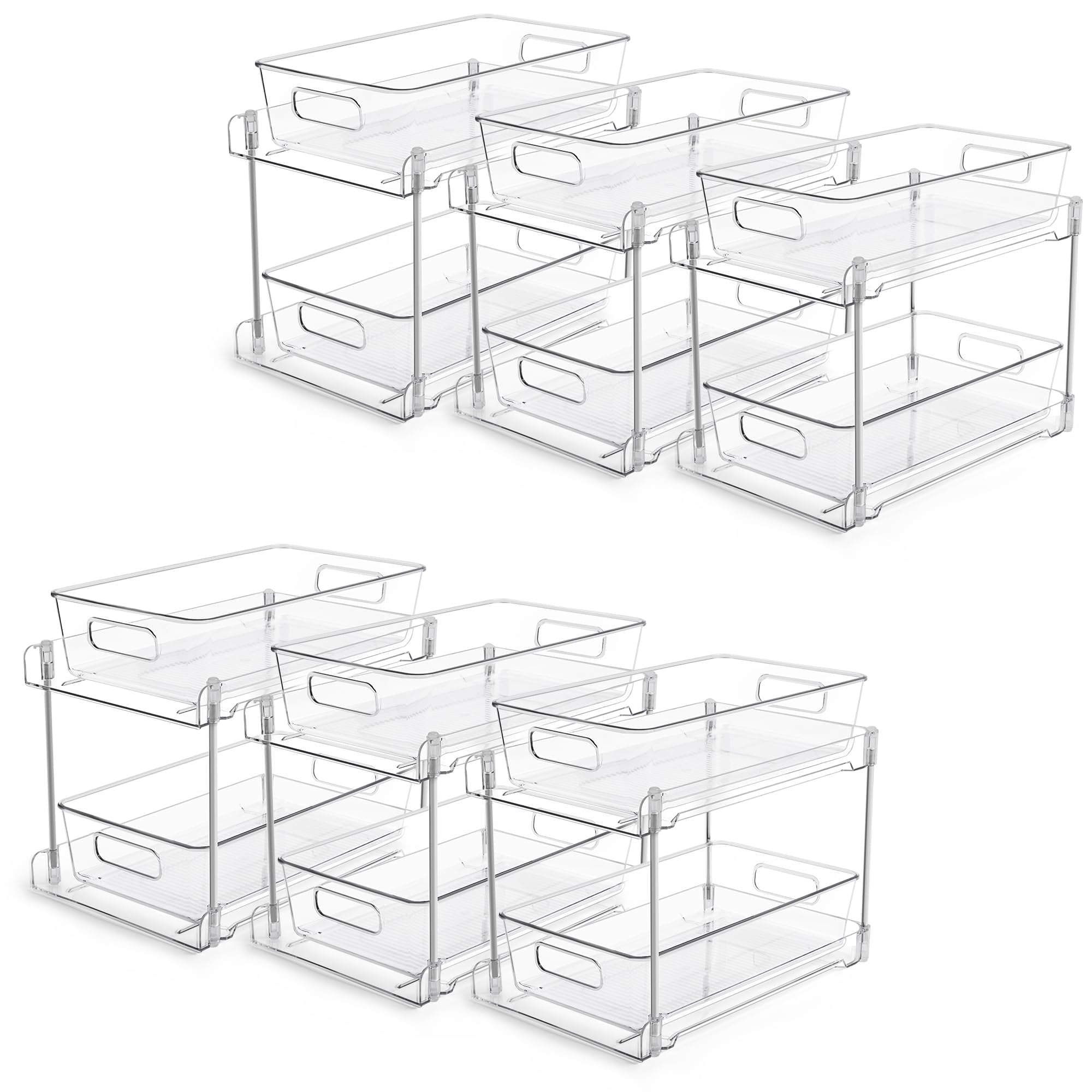 4 Pack Bathroom Organizer Bins Under Sink Storage Containers with Pull-Out Track, 2 Tier Vanity Countertop Cabinet Drawers for Kitchen Pantry