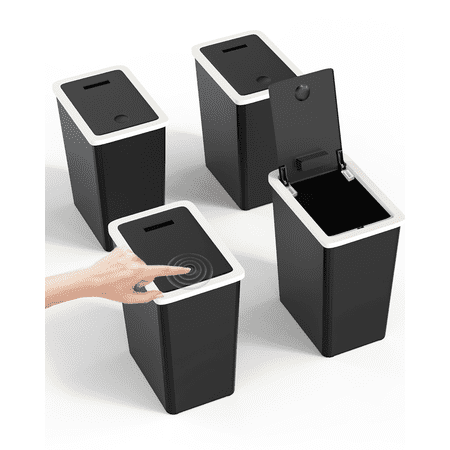 4 Pack Bathroom Trash Can with Lid, 3.2 Gallon Pop-Up Lid Kitchen Garbage Bin for Home,Plastic,Black