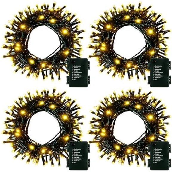 4 Pack- Battery Operated Outdoor Tree String Lights with 50 Warm White LEDs on 16.5ft/5m of Dark Green Cable,Outdoor Battery Xmas Wreath Lights with Timer for Christmas Yard Holiday Decoration