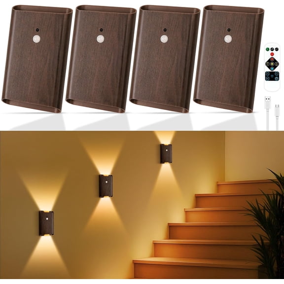 4 Pack Battery Powered Motion Sensor Wall Sconces: 5000mAh Rechargeable LED Wall Light with Remote, Magnetic Motion Sensored Stair Light Indoor Wireless Sconce for Hallway Bedroom Bedside, Walnut