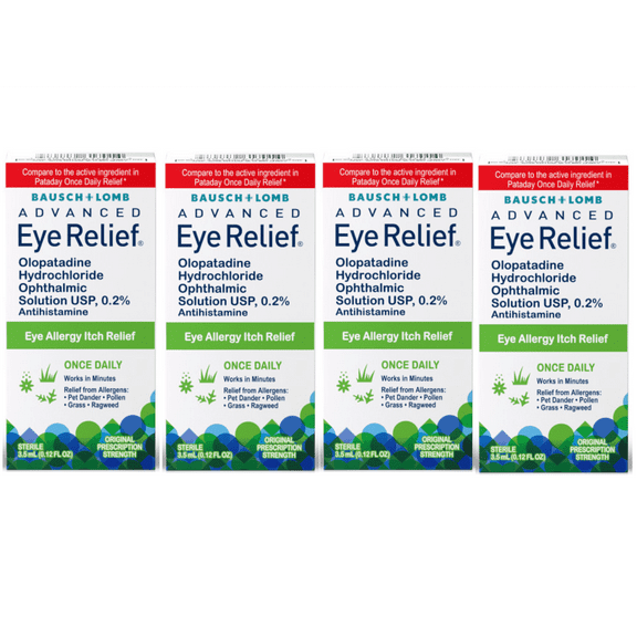 4 Pack - Bausch + Lomb Advanced Eye Relief 0.2% Olopatadine Antihistamine Eye Drops, 0.12 fl oz, 16-Hour Allergy Relief, Once-Daily Prescription-Strength Eye Drops for Itchy Eyes