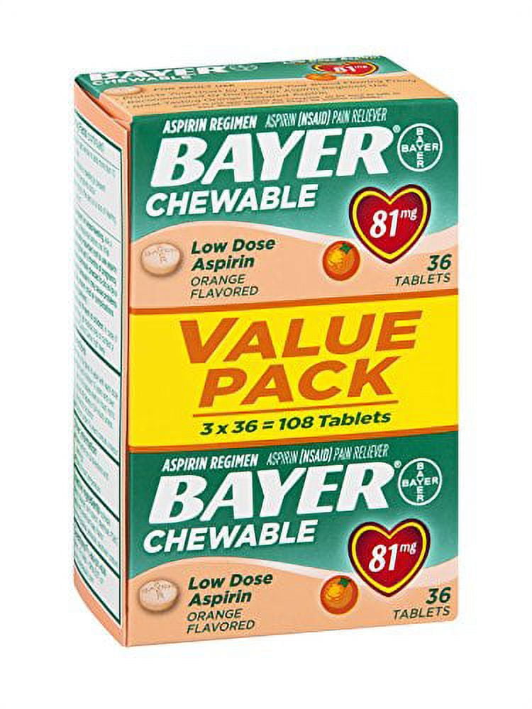4 Pack Bayer Chewable Aspirin Low Dose 81mg Orange Flavor 108Count Tablet Each
