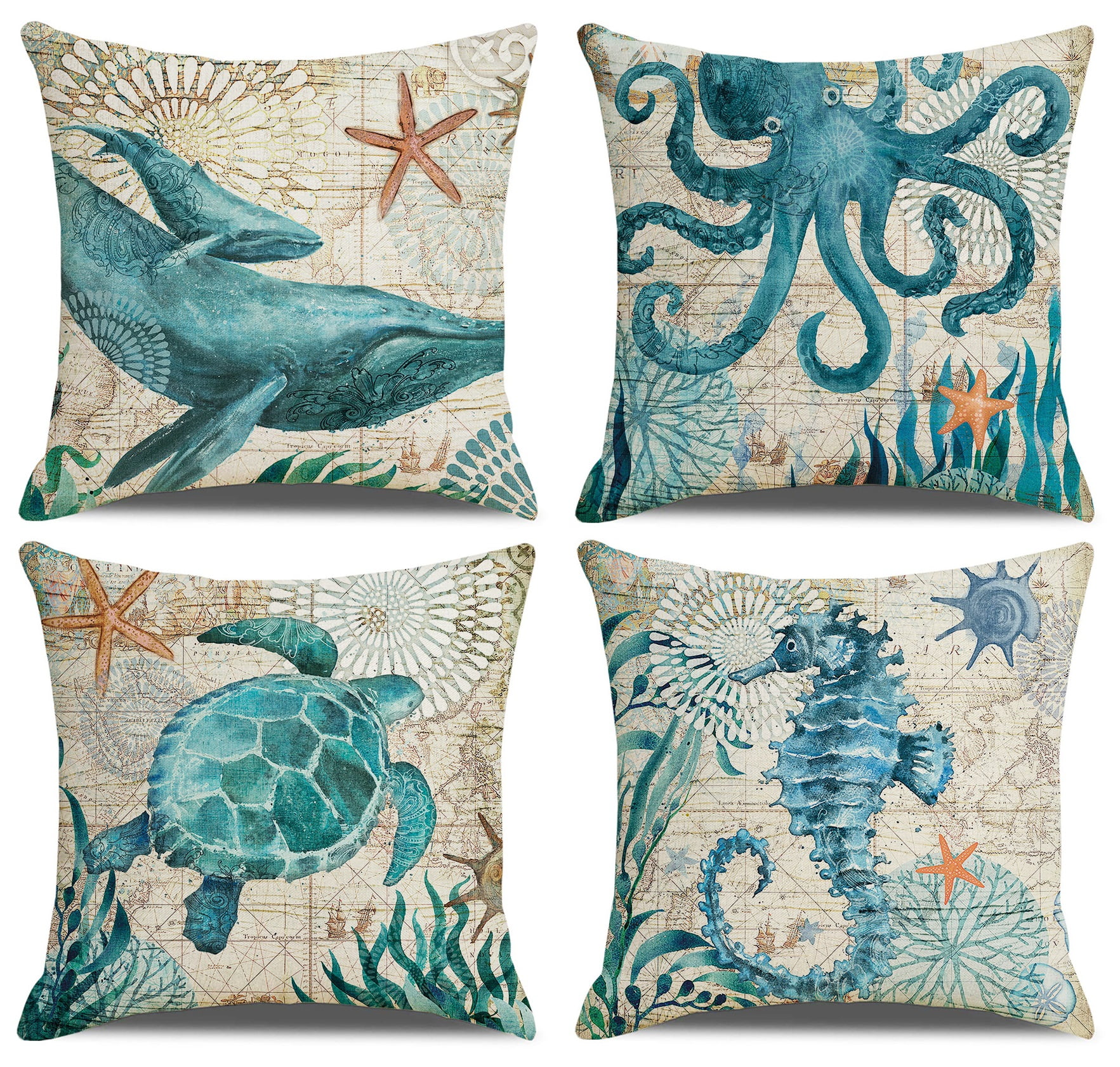Coastal Throw Pillows Piping Set of 4 Pack, Beach Pillows for Living Room  Bedroom Bathroom Pillow Covers 