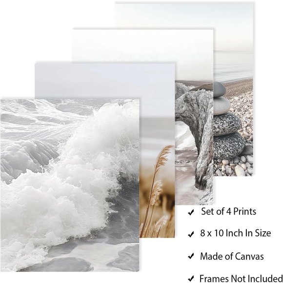 4 Pack Beach and Unframed Waterproof Canvas Wall Relaxing Art Decor 8" x 10" Ocean Landscape Canvas Wall Poster for Home Office Bathrooms Library Bedrooms Living Room Decor